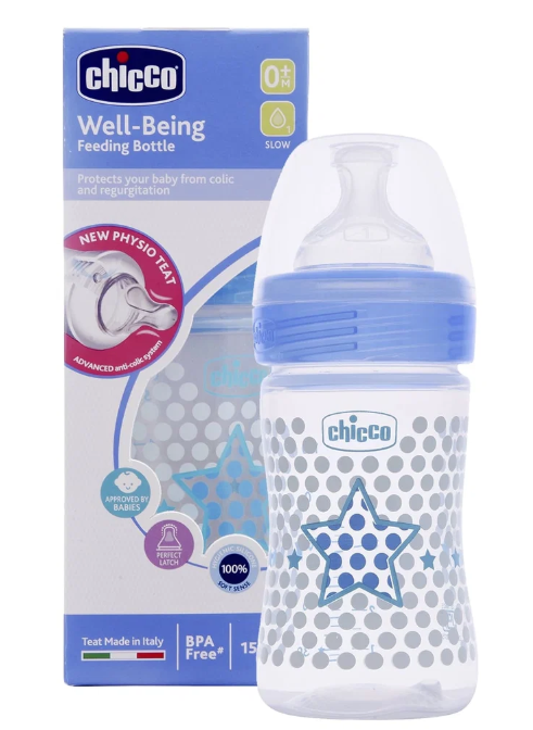 Chicco Well Being glass bottle 150ml 0+m blu