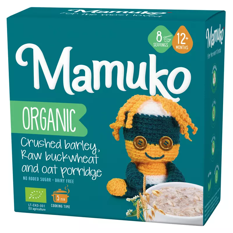 MAMUKO ORGANIC CRUSHED BARLEY, RAW BUCKWHEAT & OAT PORRIDGE 12+ 200g