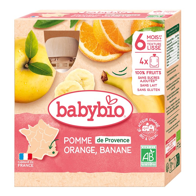 Babybio Apple, Orange & Banana Pouch +6months 4x90gr