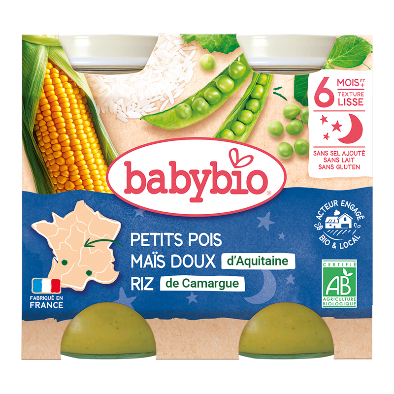 Babybio Good Night Peas Sweet Corn Rice Jar+6months 2x200gr