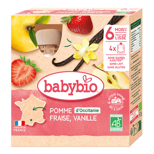 [54010] Babybio Apple, Strawberry & Vanilla Pouch +6months 4x90gr